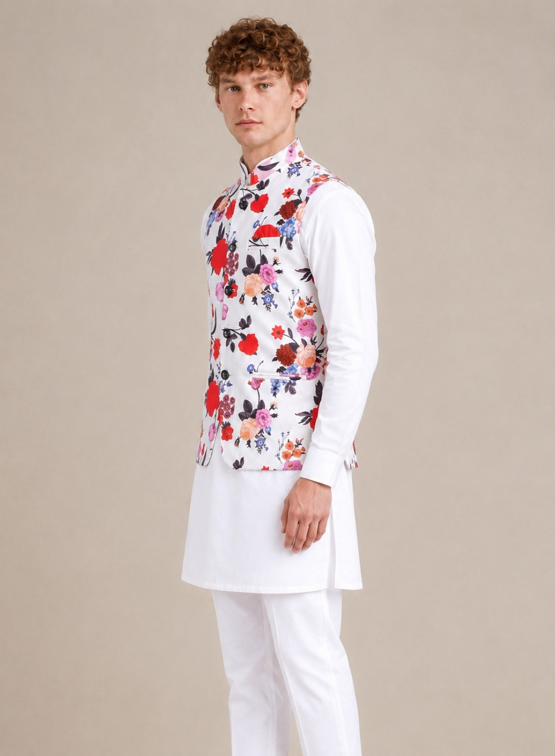 Men White Floral  Nehru Jacket