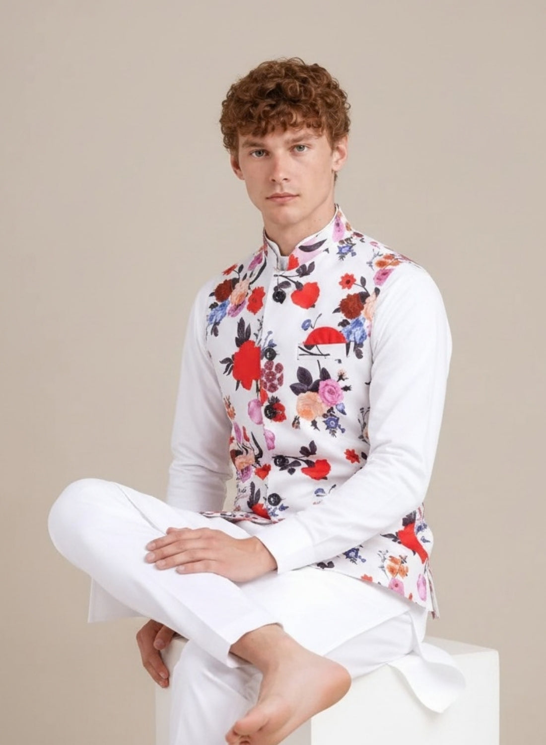 Men White Floral  Nehru Jacket