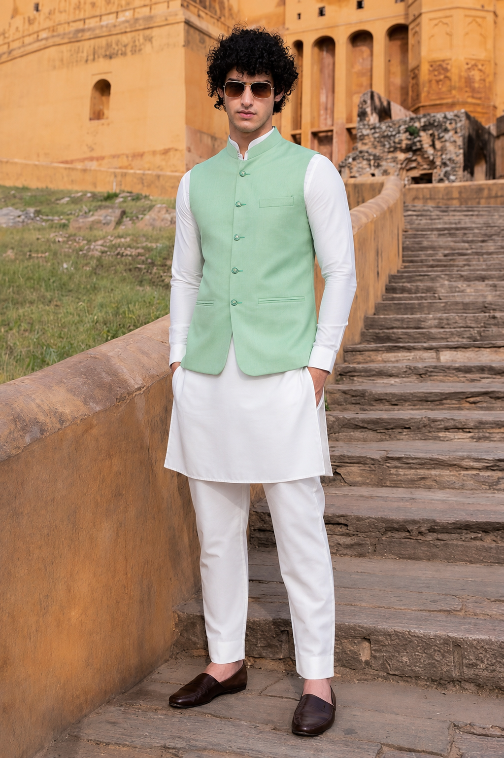 Men Kurta Set With 5 Button Jacket