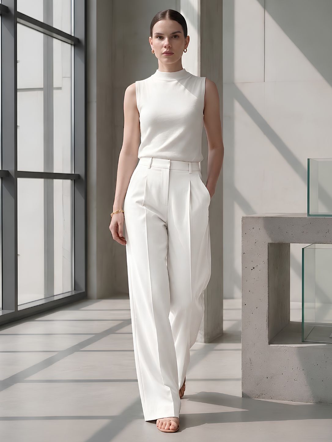 White wide leg women trousers
