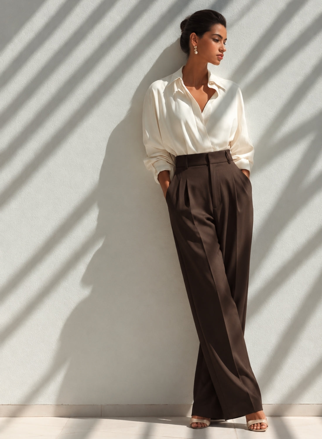 Brown Pleated wide Leg Trousers