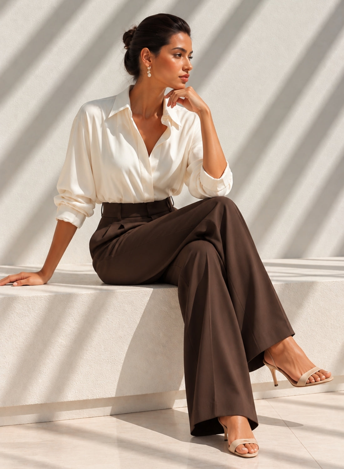 Brown Pleated wide Leg Trousers