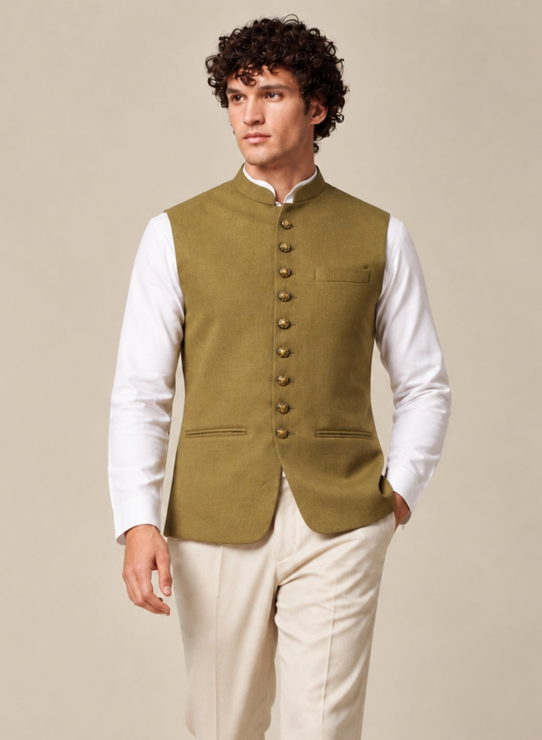 Men Green 9 Button Nehru Jacket