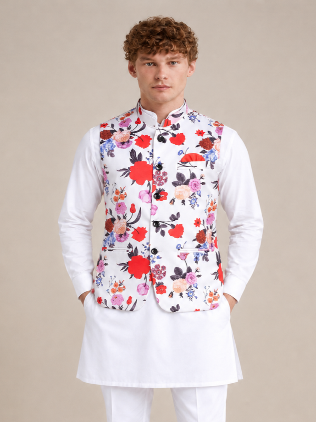 Men White Floral  Nehru Jacket