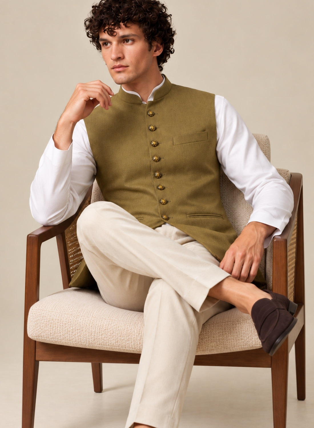 Men Green 9 Button Nehru Jacket