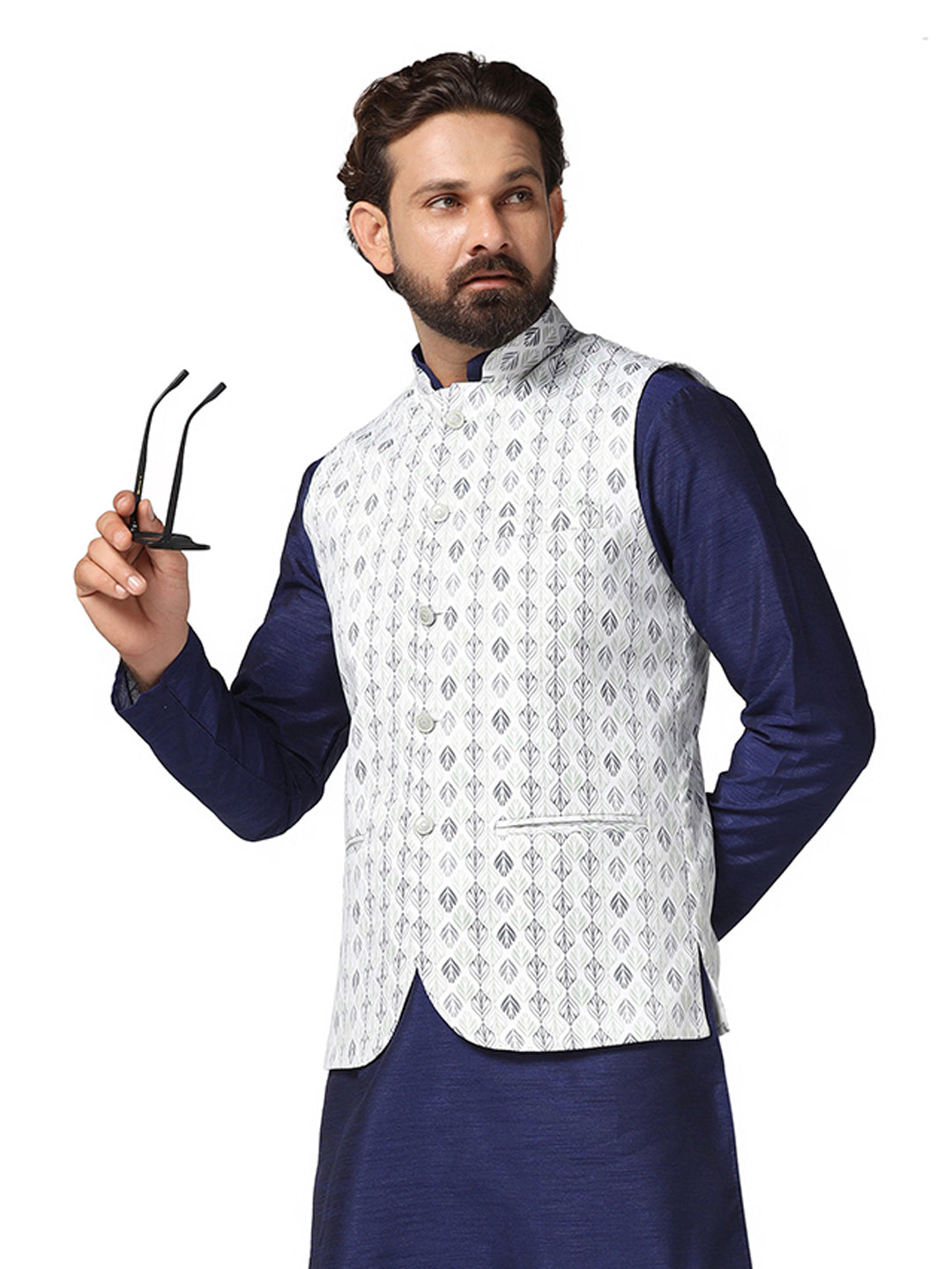 Men Green Cotton Printed Nehru Jacket