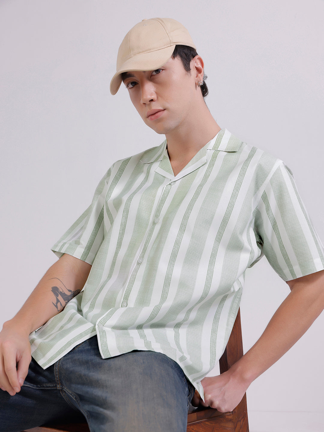 Men green stripes casual shirt