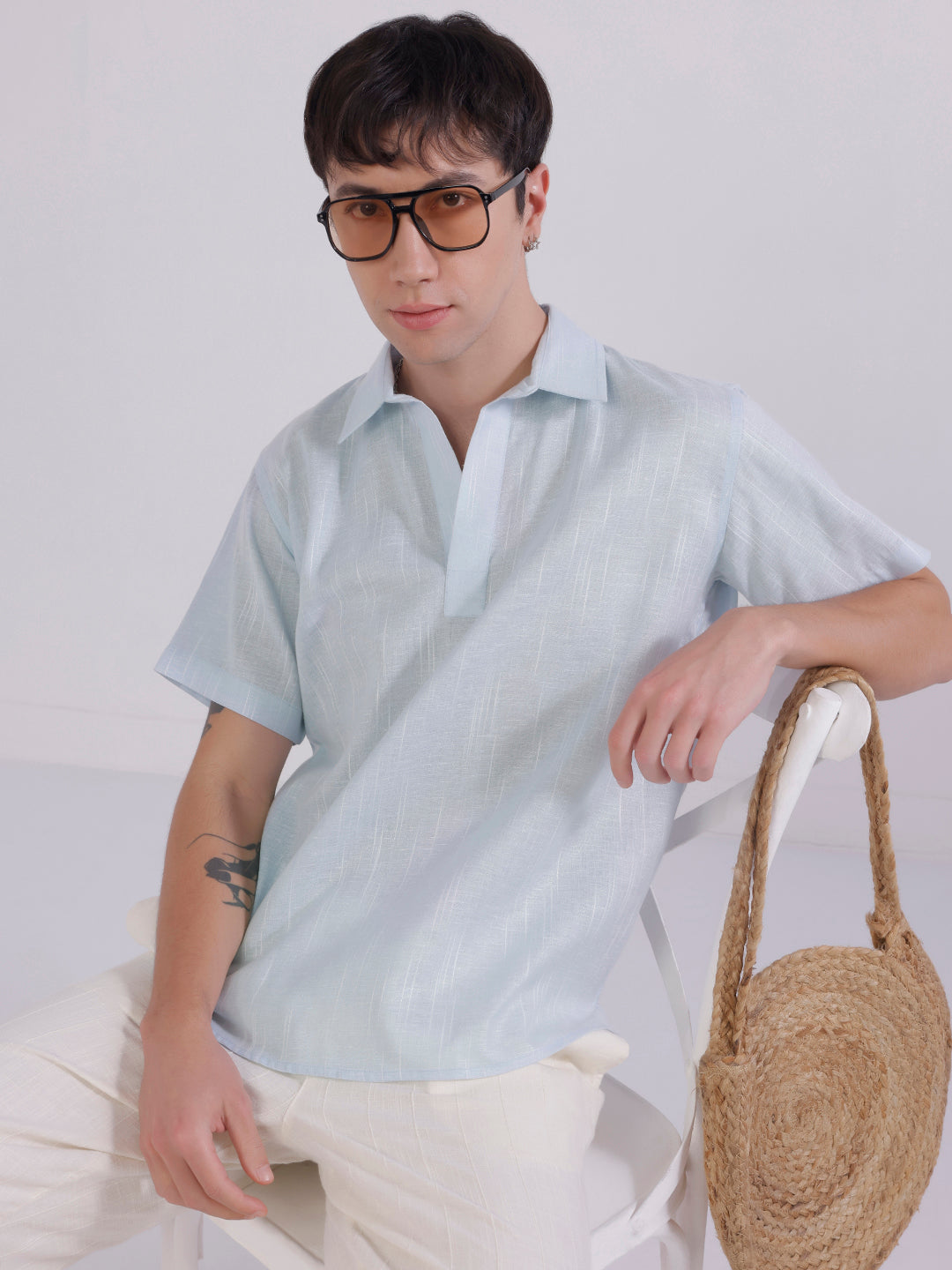 Men Blue linen collared shirt