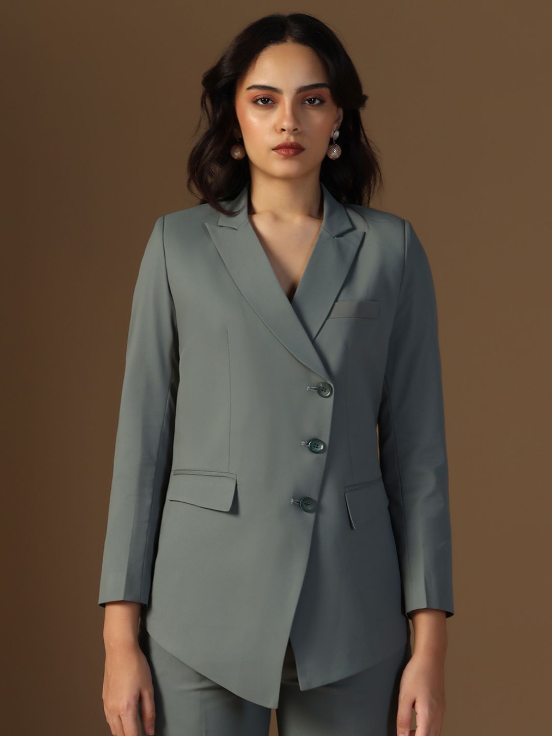 Women Green Blazer and Trousers Suit Set