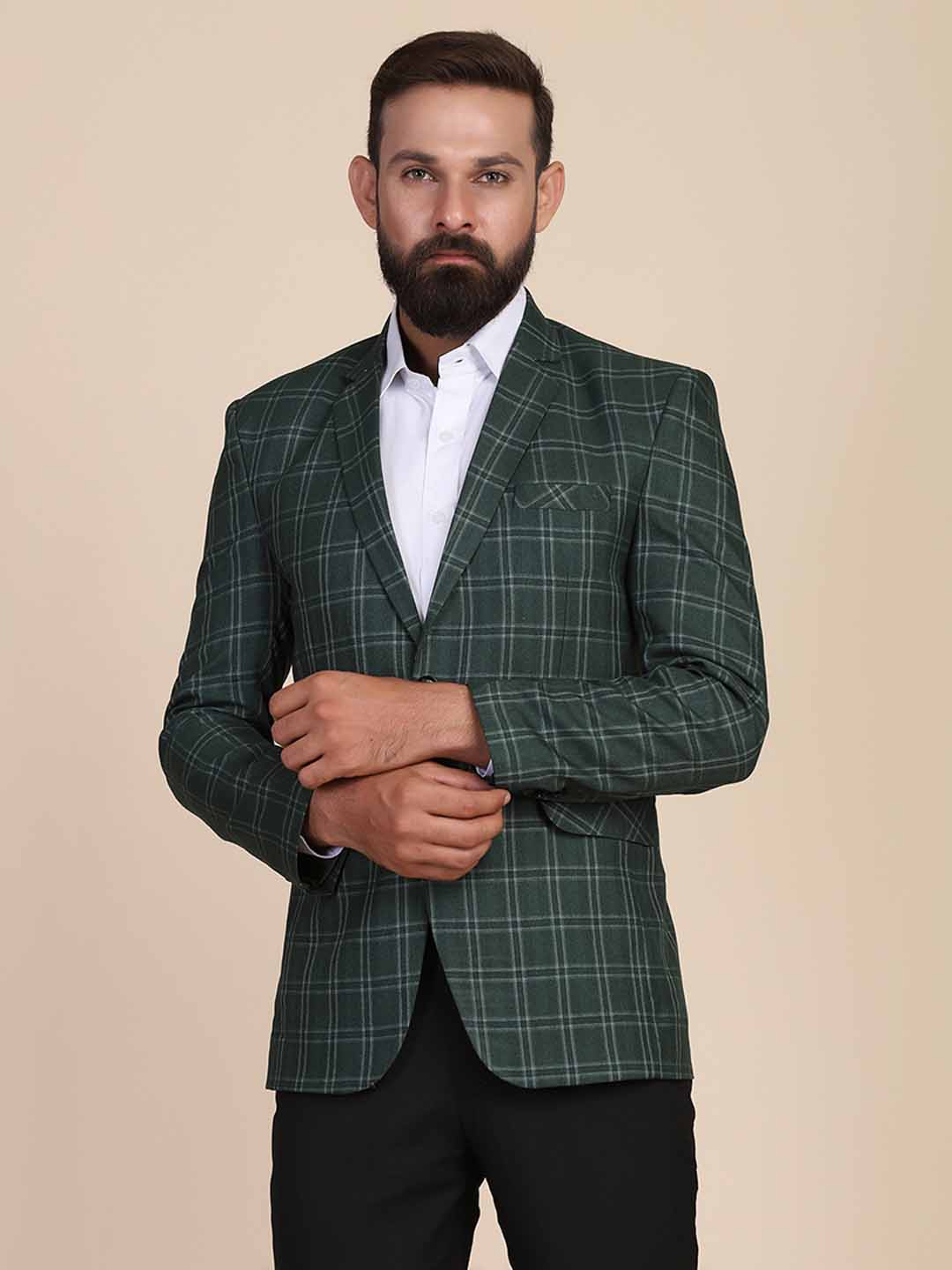 Men Tweed Green Check Blazer - Tahvo India