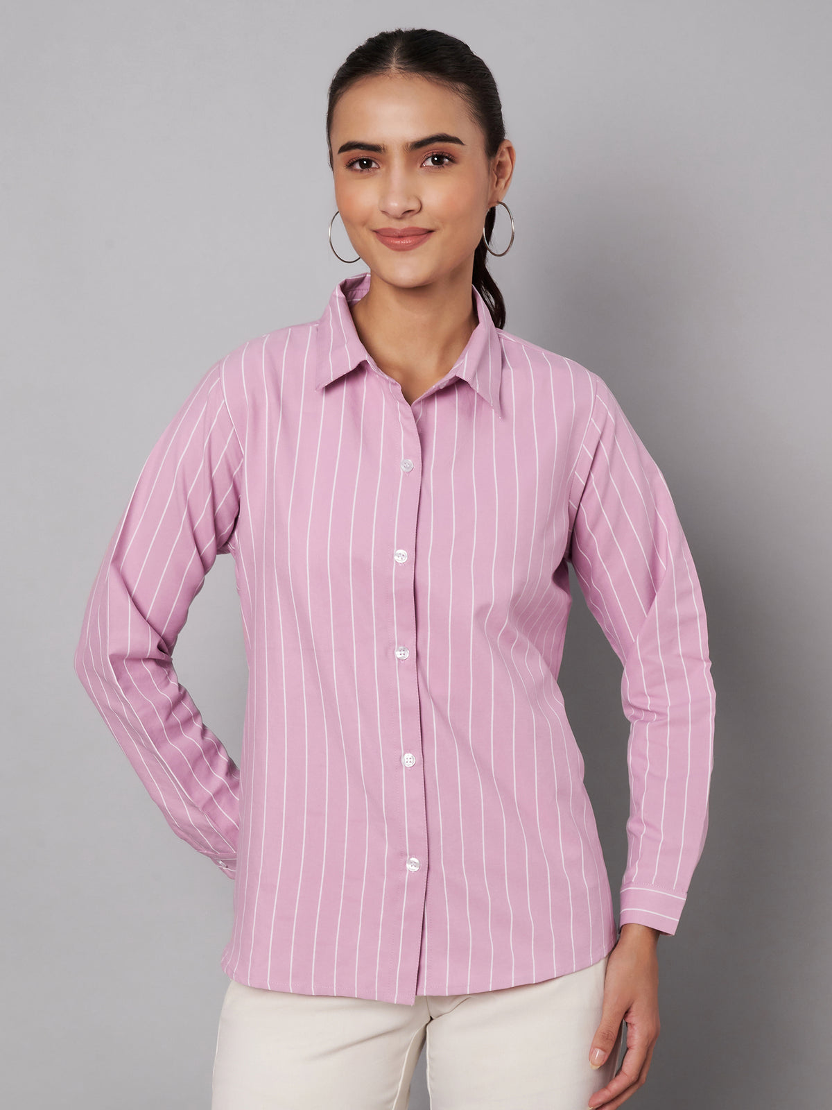Women Pink Cotton Striped Shirt