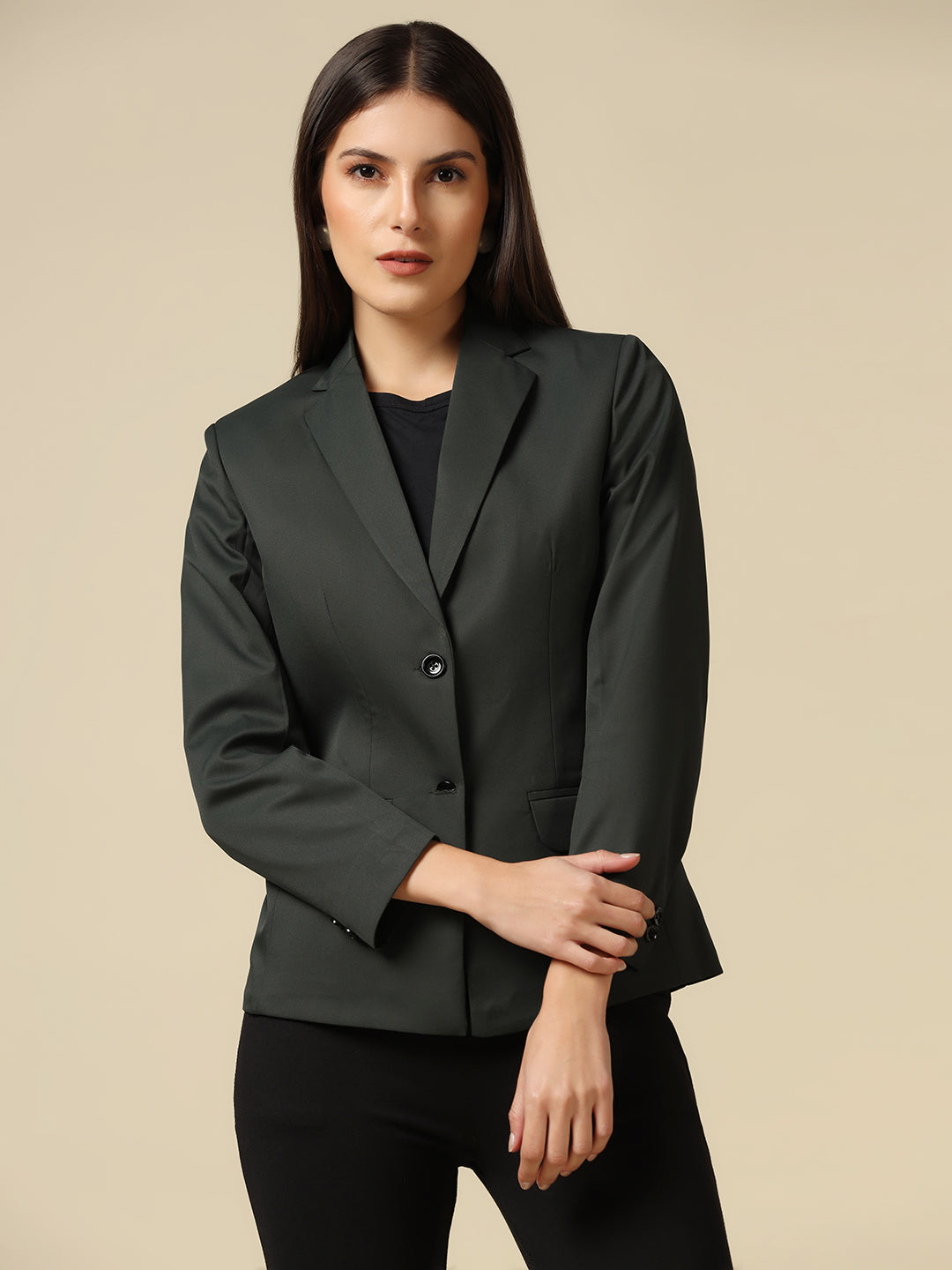Women Dark Green Single Breasted Blazer - Tahvo India