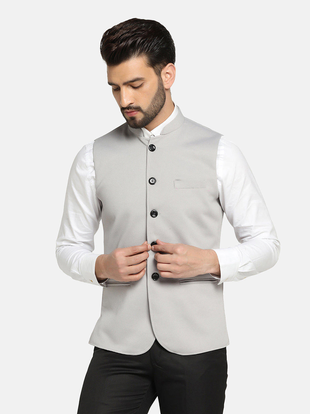 Men Grey Textured Nehru Jacket - Tahvo India