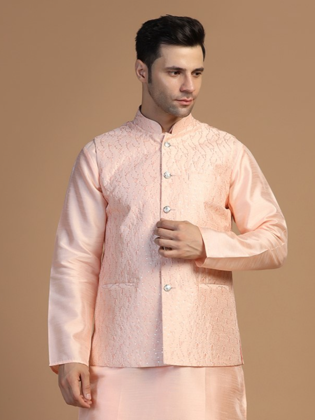 Men Peach Embroidered Jacket - Tahvo India