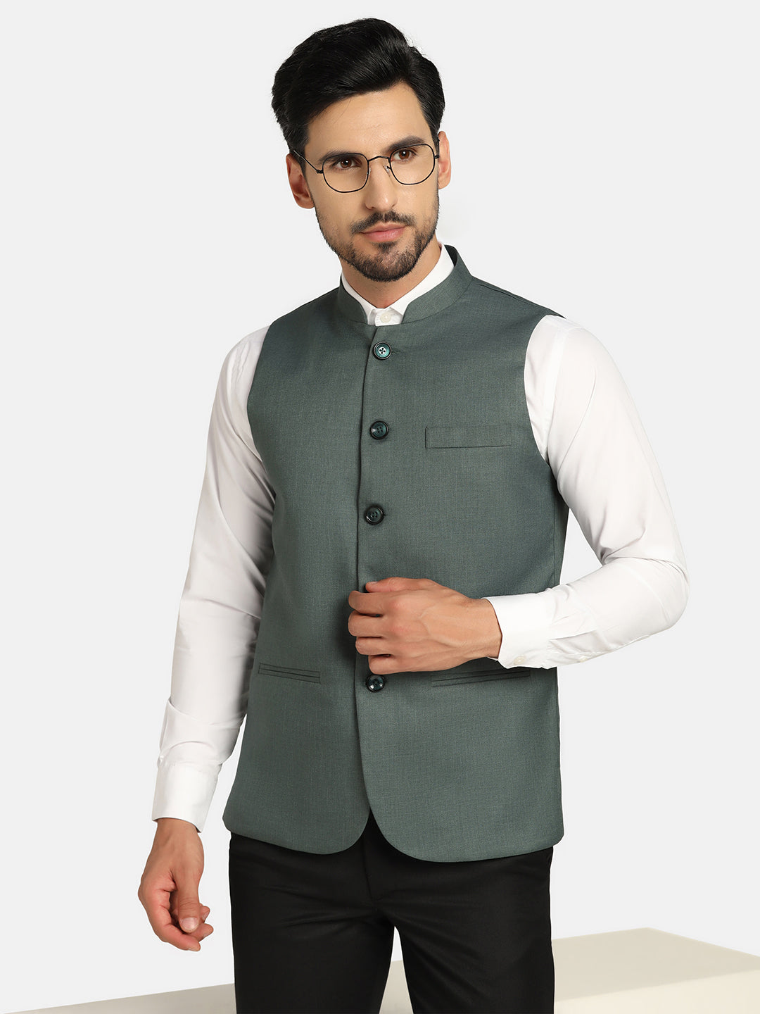 Men Green Solids Nehru Jacket - Tahvo India