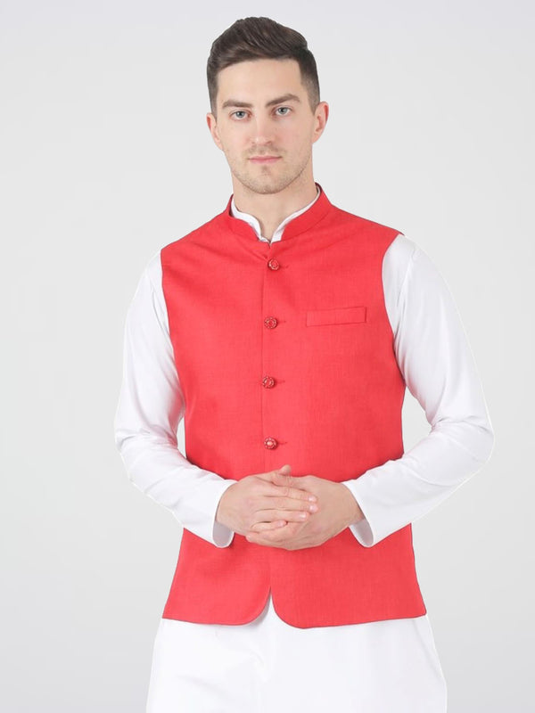 Men Red Button Nehru Jacket - Tahvo India