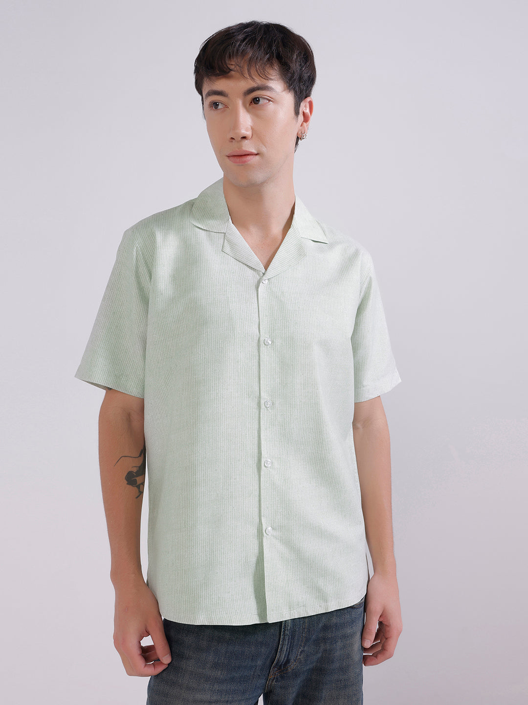 Men green stripes casual shirt