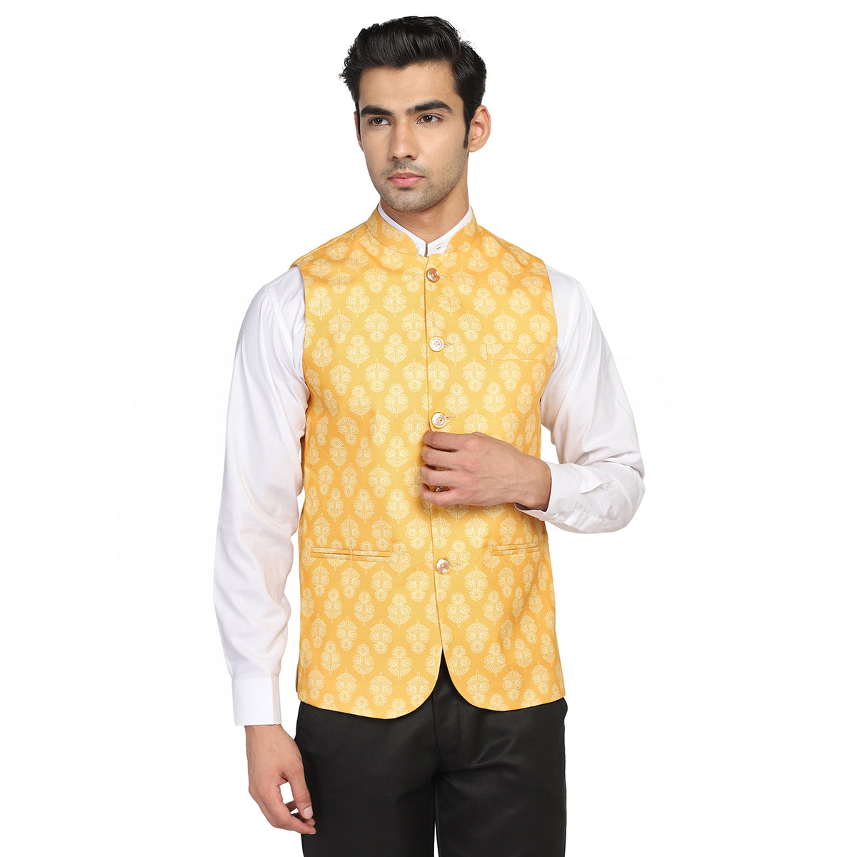 Men Yellow Leaf Nehru Jacket