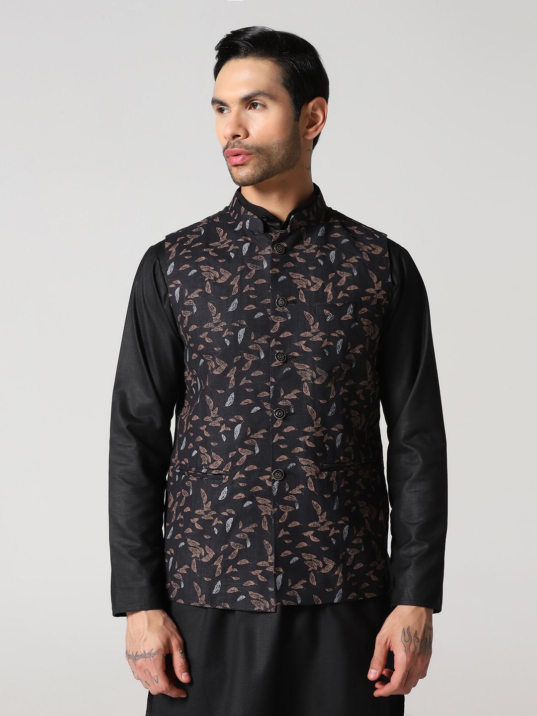 Black Leaf Printed Nehru Jacket