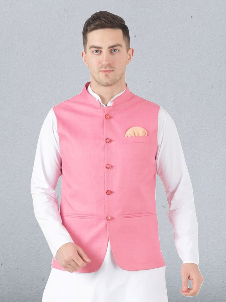 Men Pink Button Nehru Jacket - Tahvo India