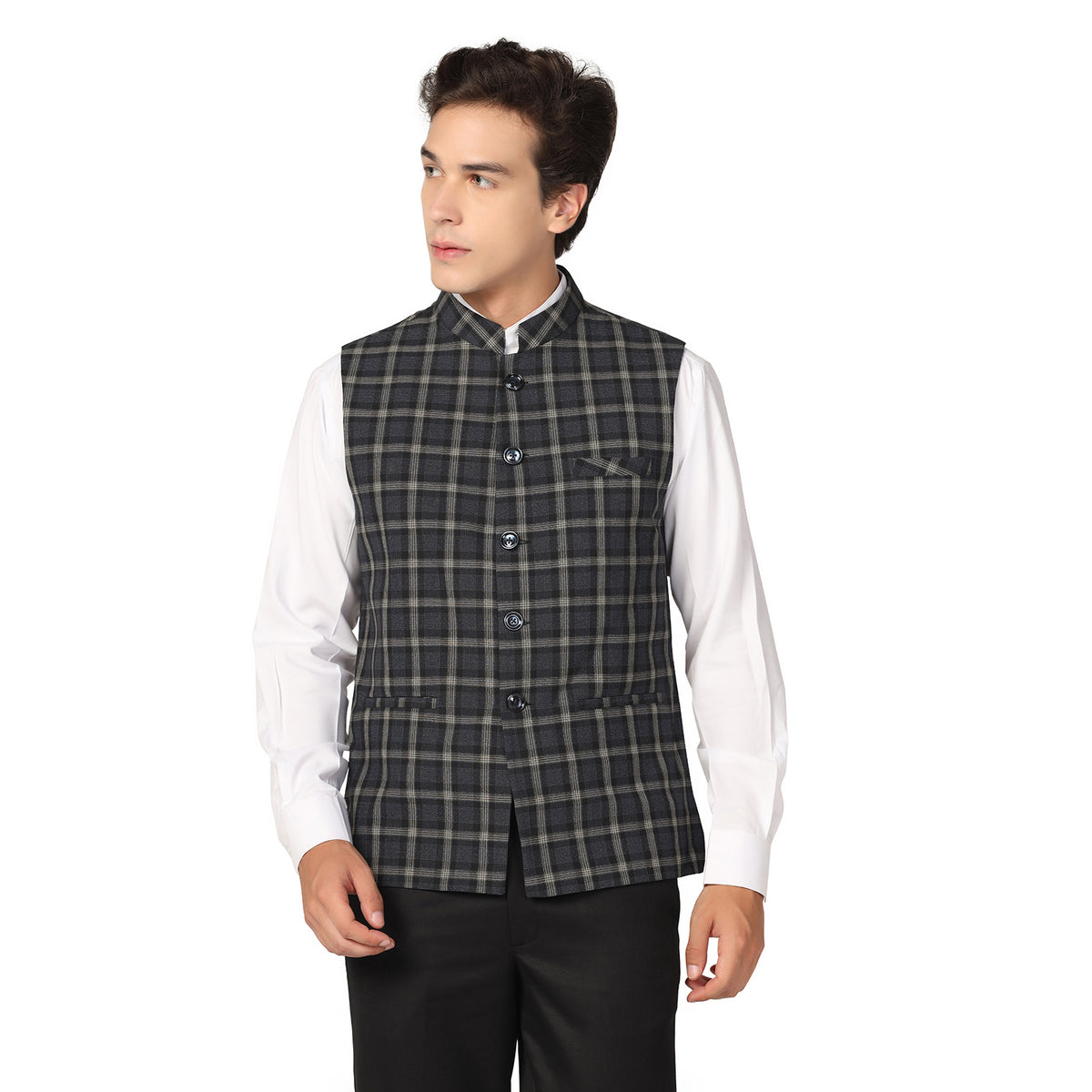 Men Black Check Nehru Jacket