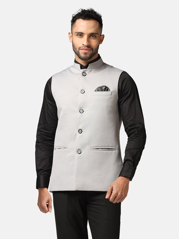 Men Light Grey Solid Nehru Jacket - Tahvo India