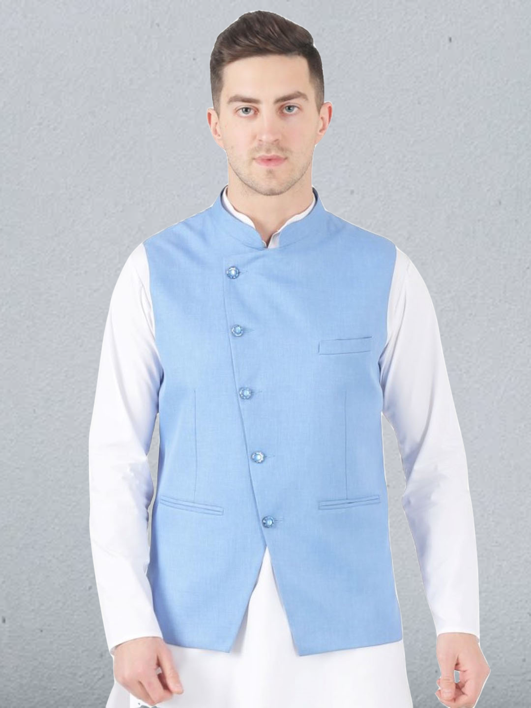 Men Blue Solid Nehru Jacket - Tahvo India