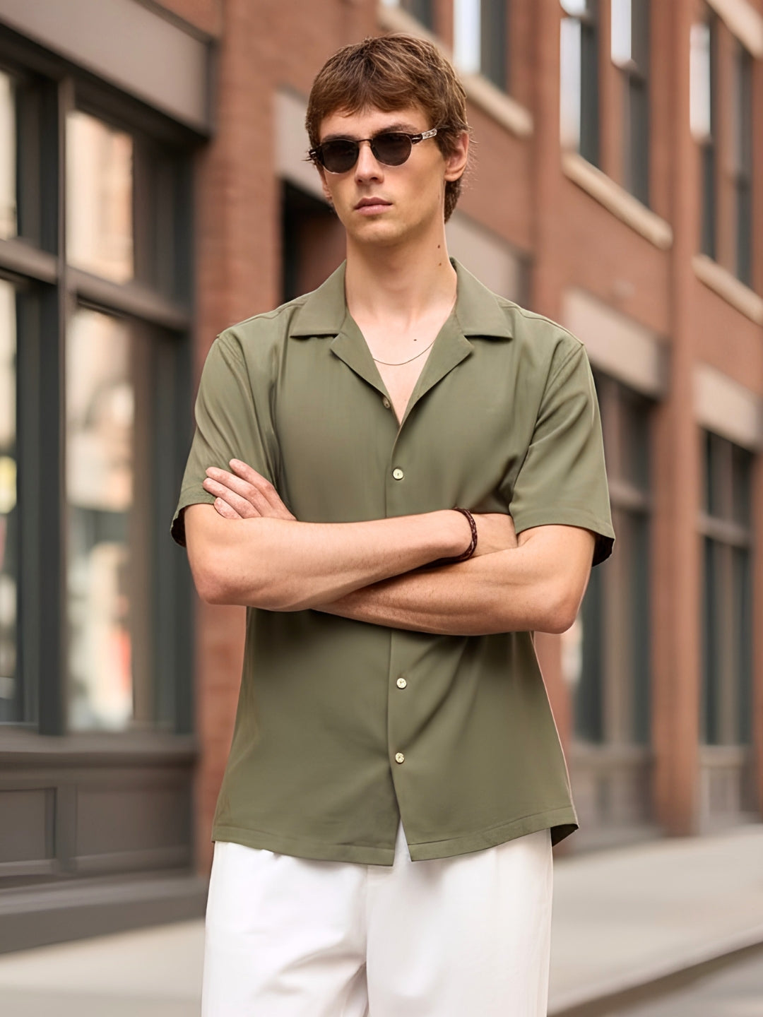 Versatile Olive Short-Sleeve Shirt for Men