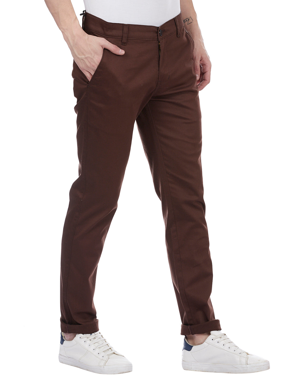 Men Brown Solid Trousers - Tahvo India