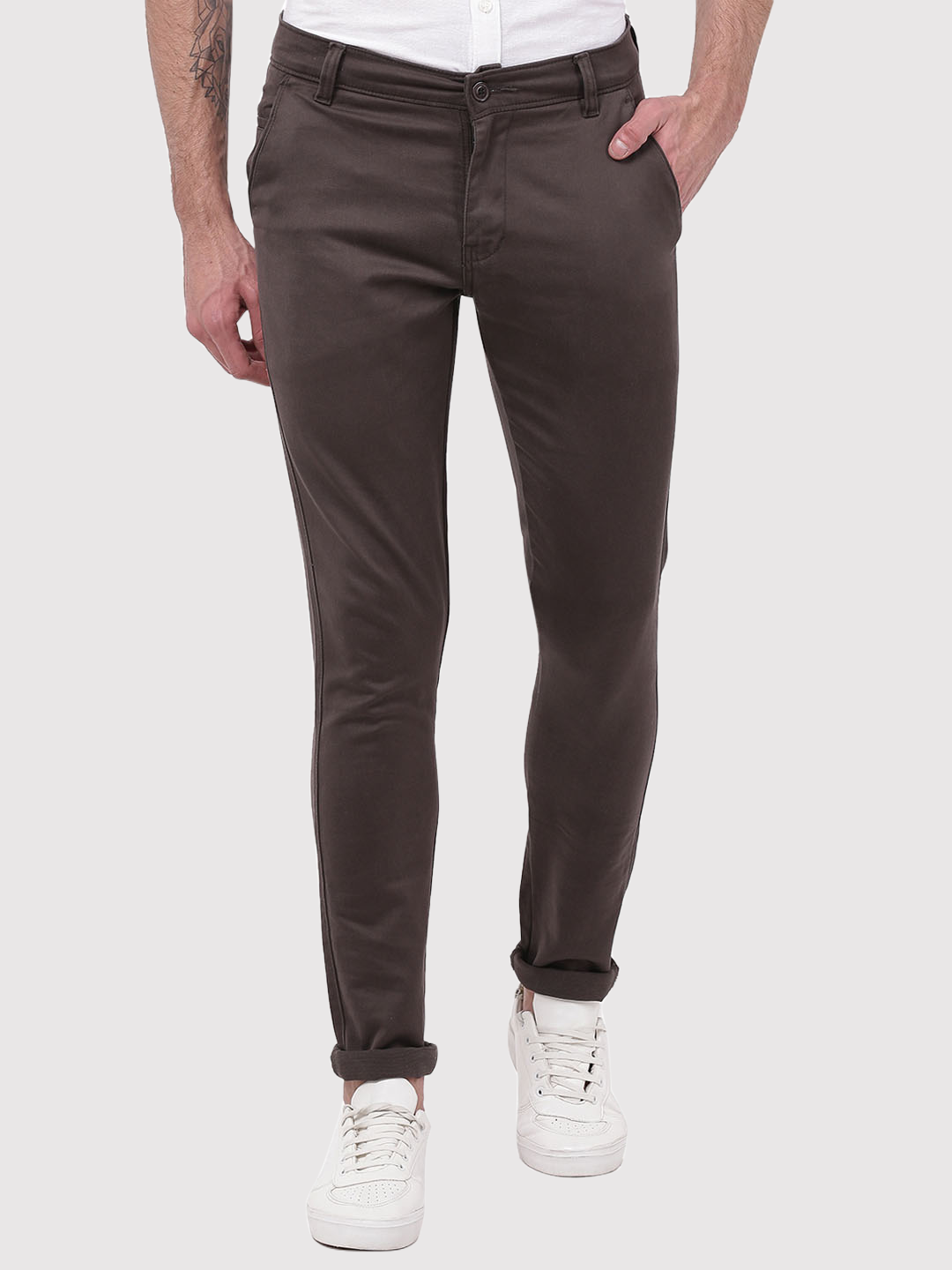Men Brown Solid Casual Trousers - Tahvo India