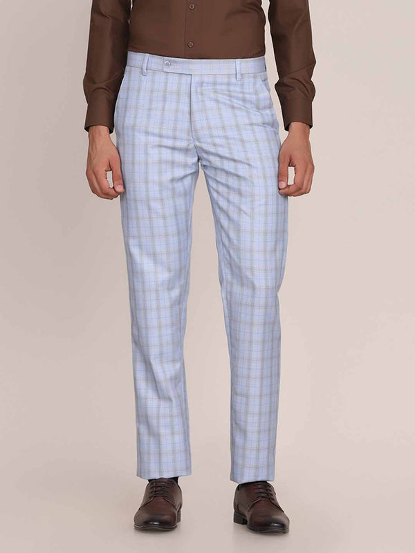 Men Formal Blue Checkered Trousers - Tahvo India