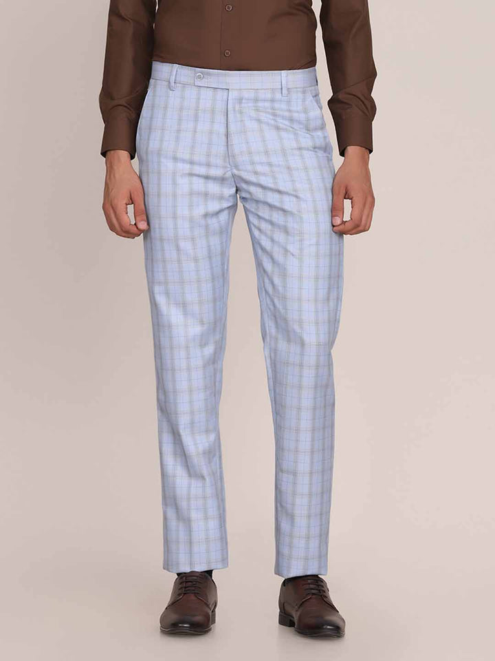 Men Formal Blue Checkered Trousers - Tahvo India