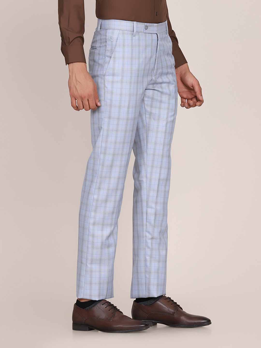 Men Formal Blue Checkered Trousers - Tahvo India