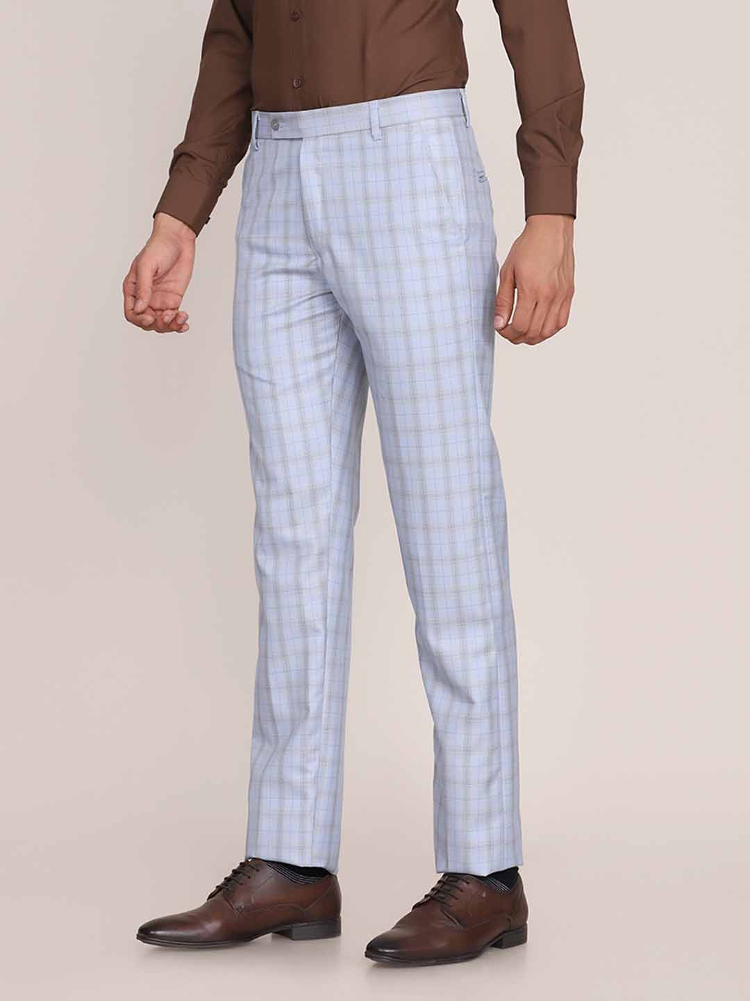Men Formal Blue Checkered Trousers - Tahvo India