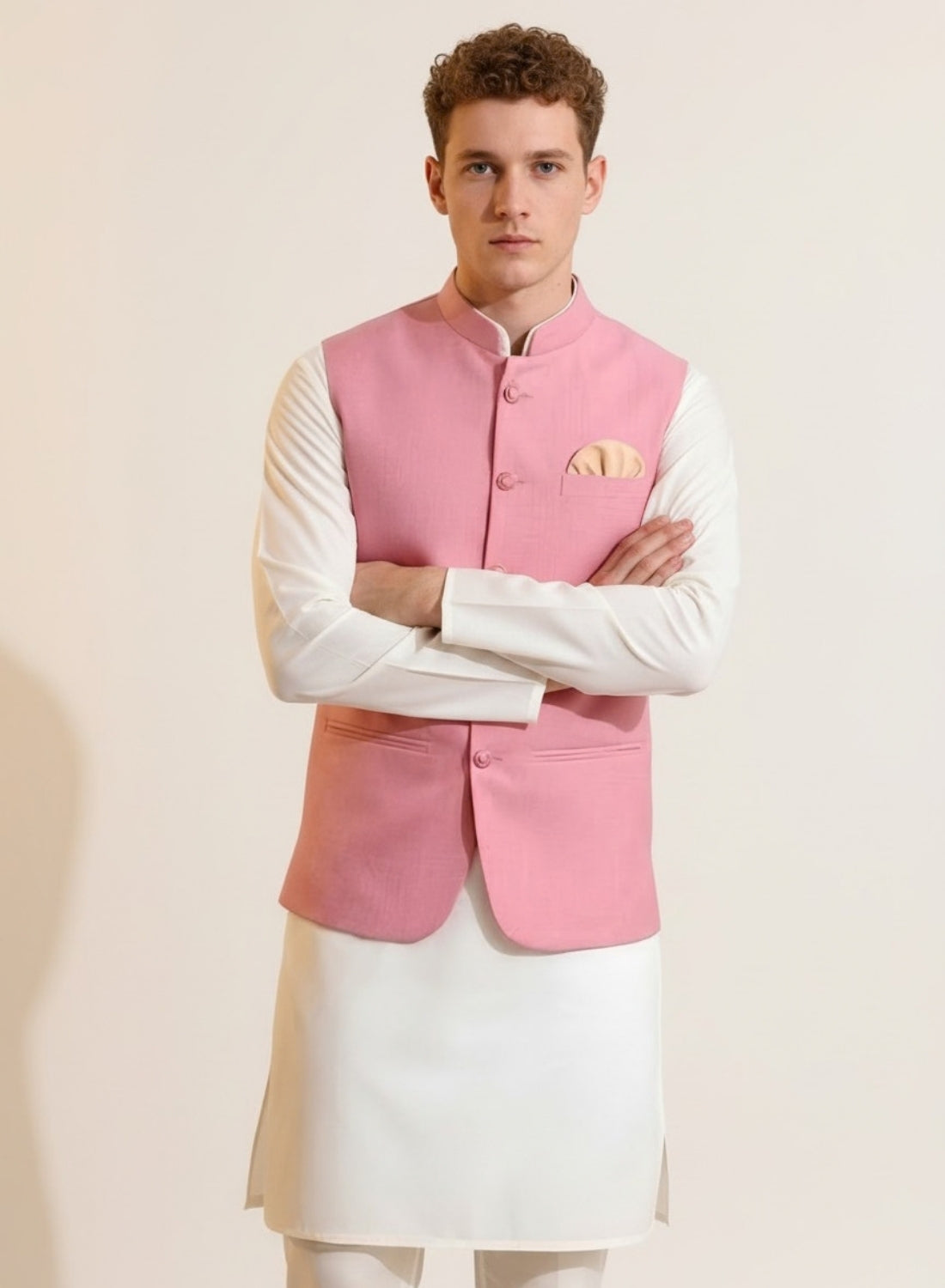 Men Pink Button Nehru Jacket