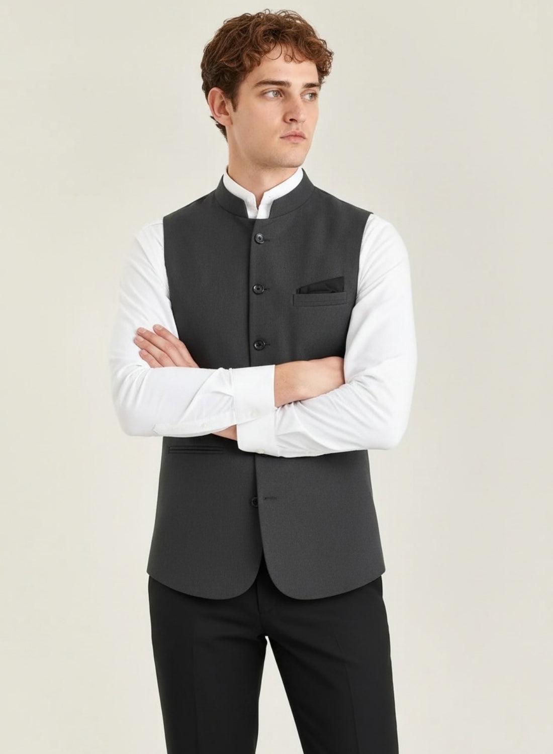 Men Grey Solid Nehru Jacket With Hanky