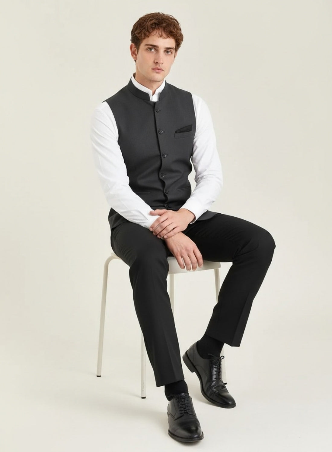 Men Grey Solid Nehru Jacket With Hanky