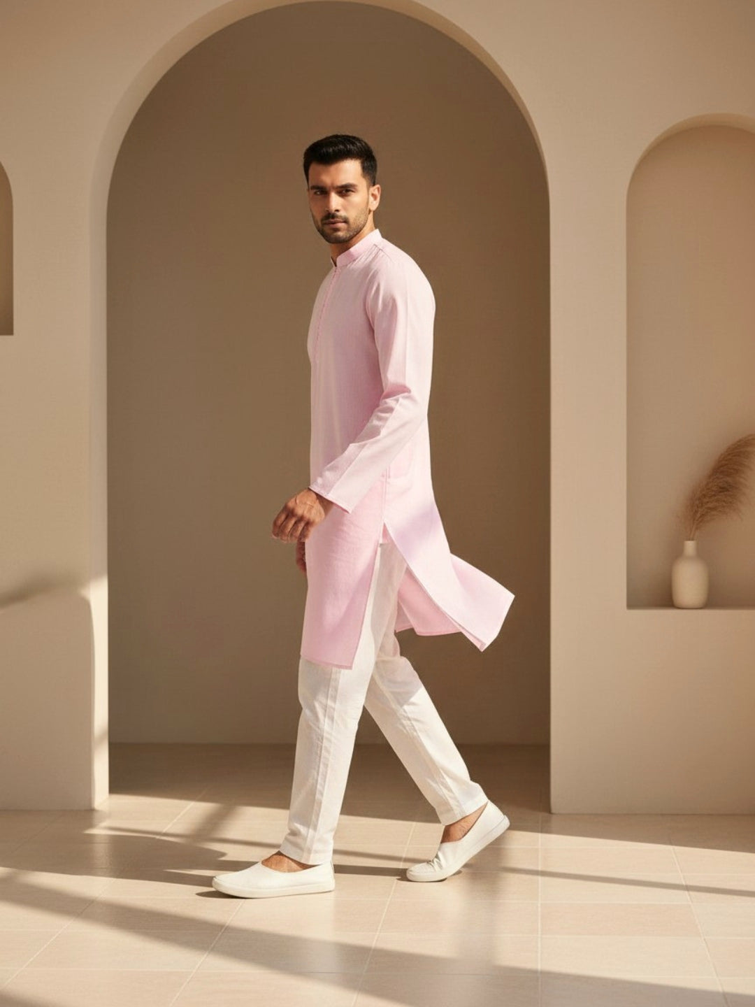 Pink Kurta Set  With Round Button Placket