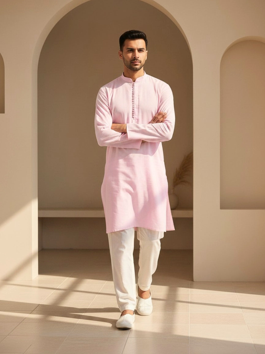 Pink Kurta Set  With Round Button Placket