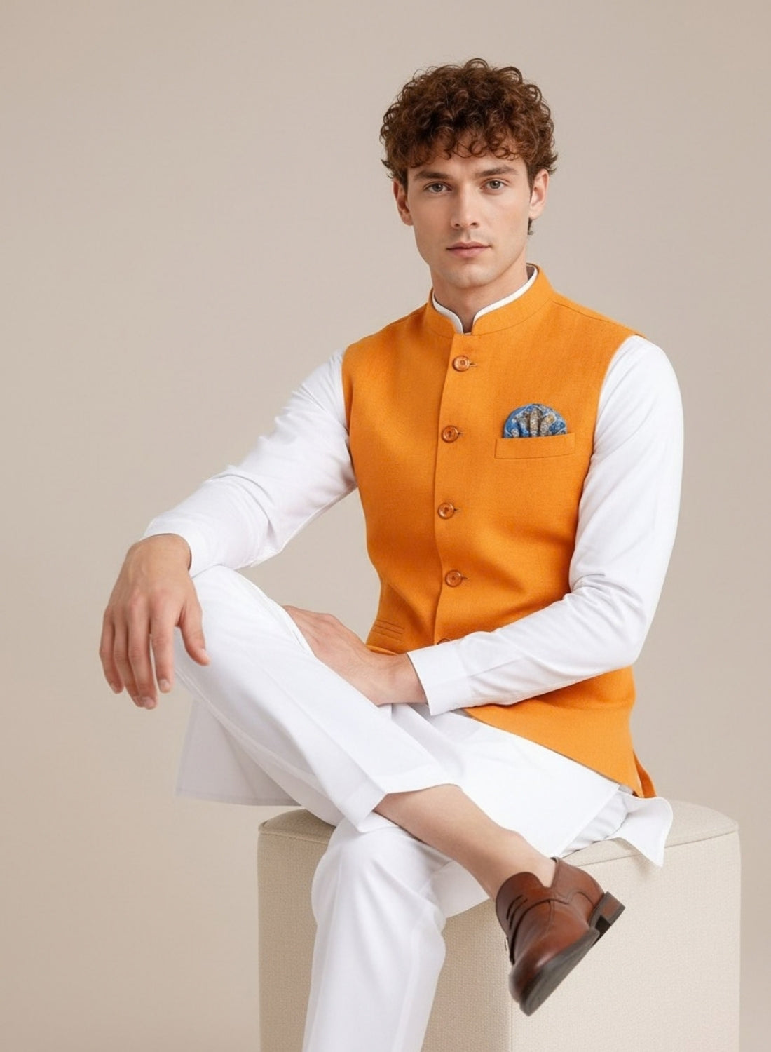Men Orange Textured Nehru Jacket