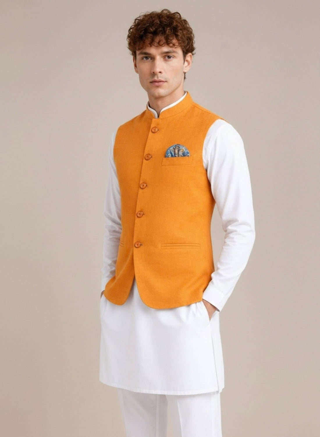 Men Orange Textured Nehru Jacket