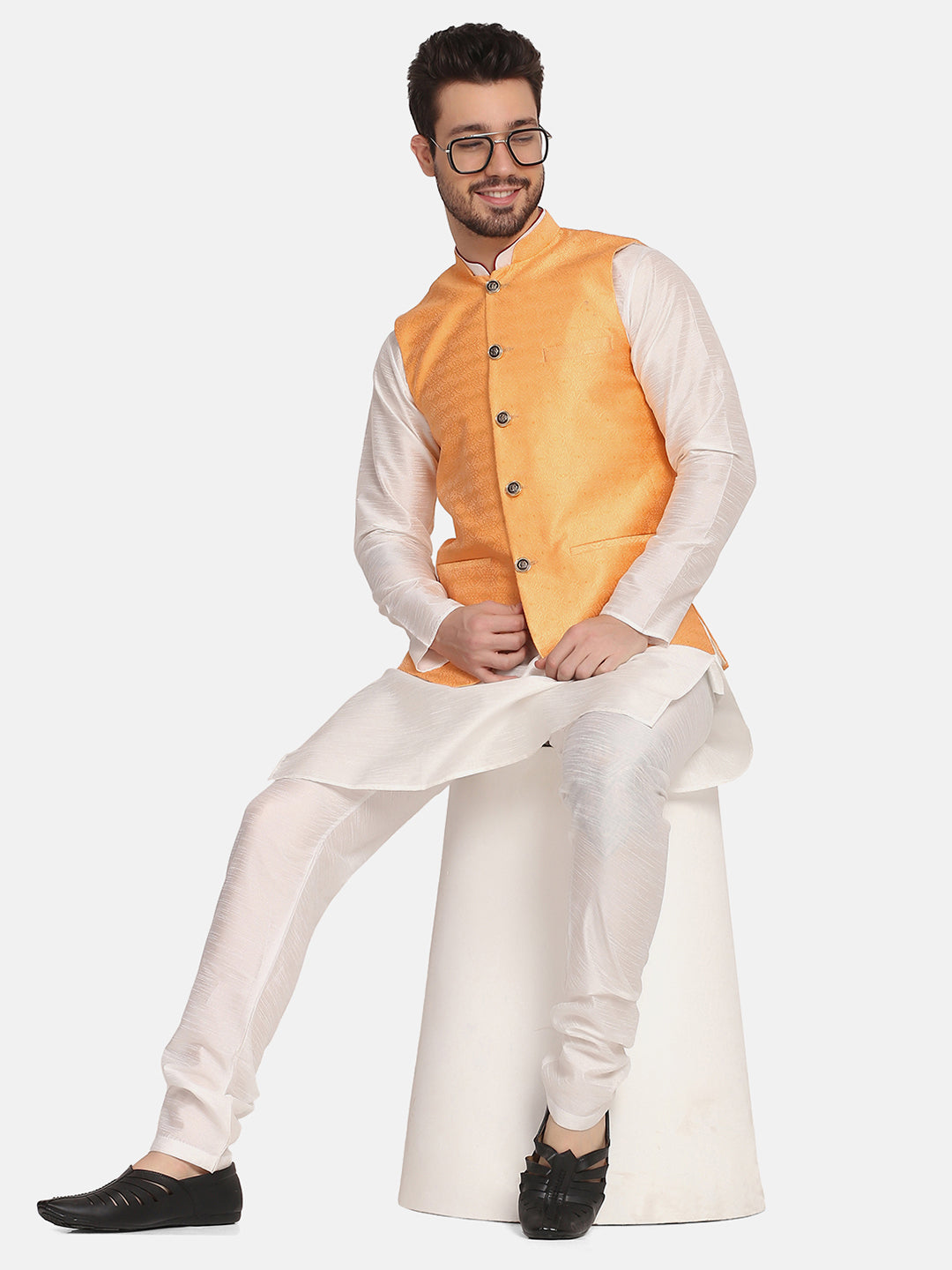 Men Orange Silk Blend Nehru Jacket - Tahvo India
