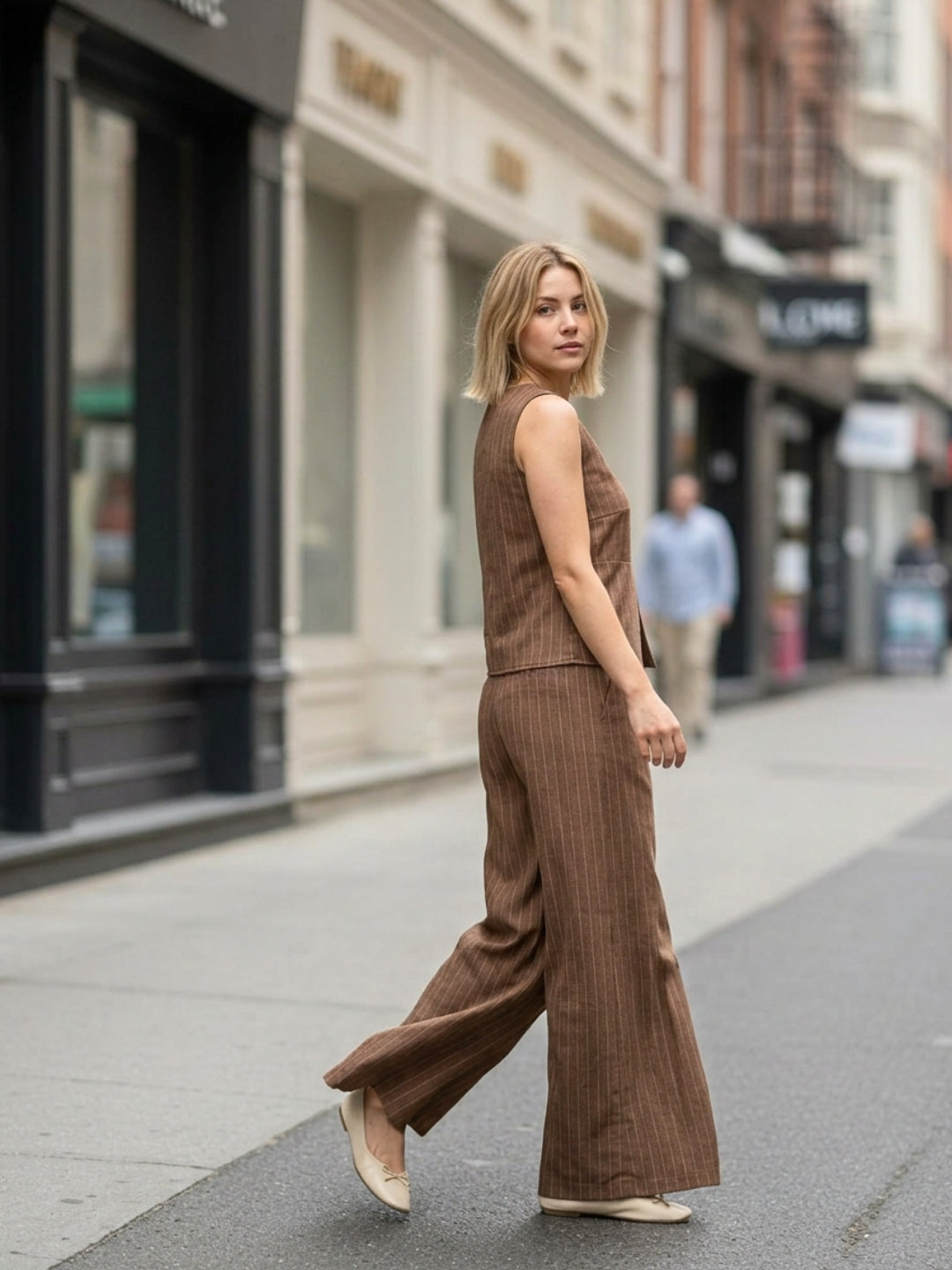 Brown Stripes Peplum Top With Trousers Co-Ords