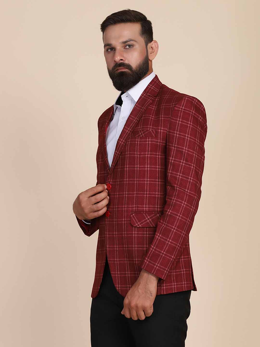 Men Tweed Maroon Check Blazer - Tahvo India