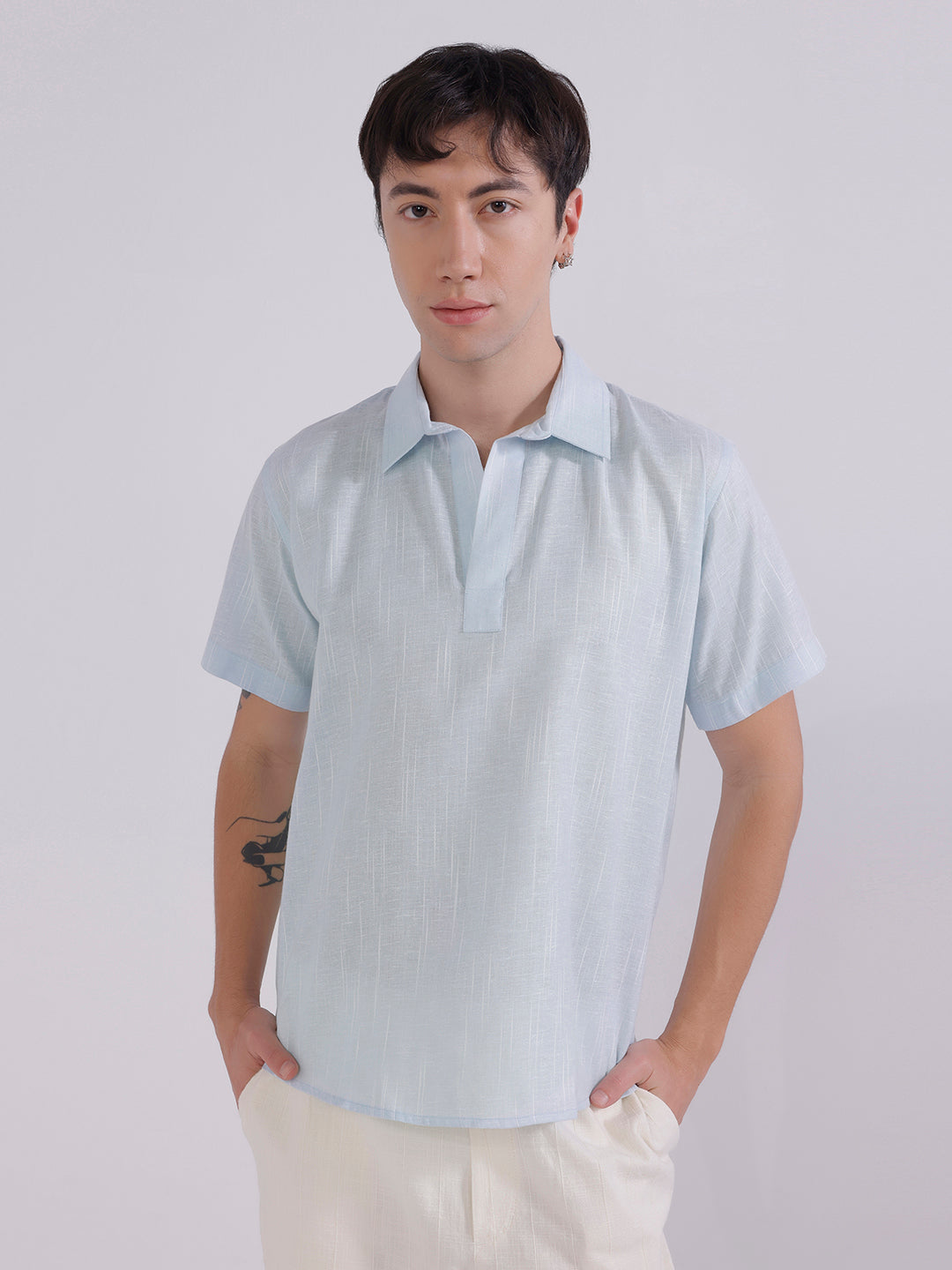Men Blue linen collared shirt