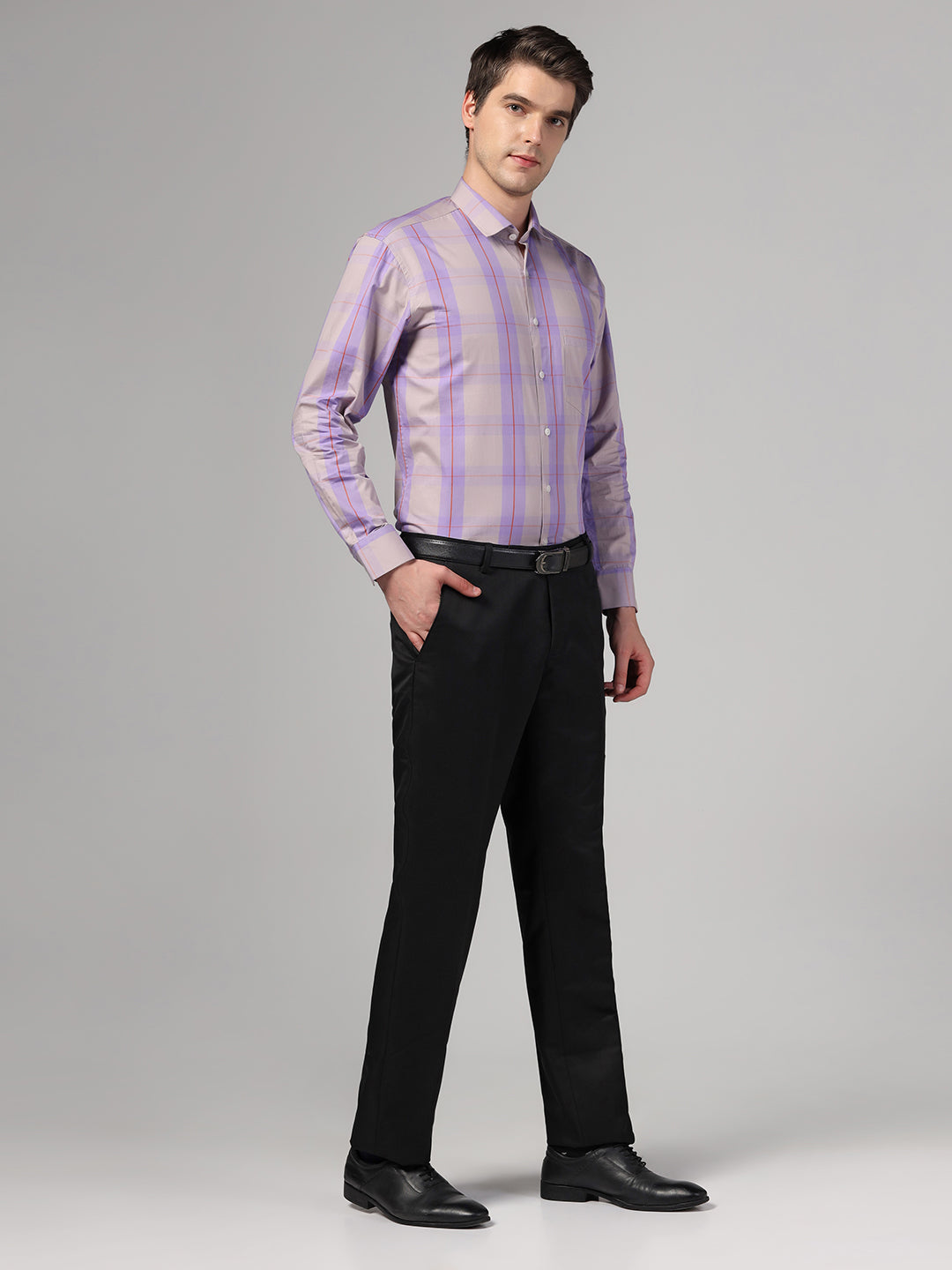 Men Purple Check Shirt & Trousers Set