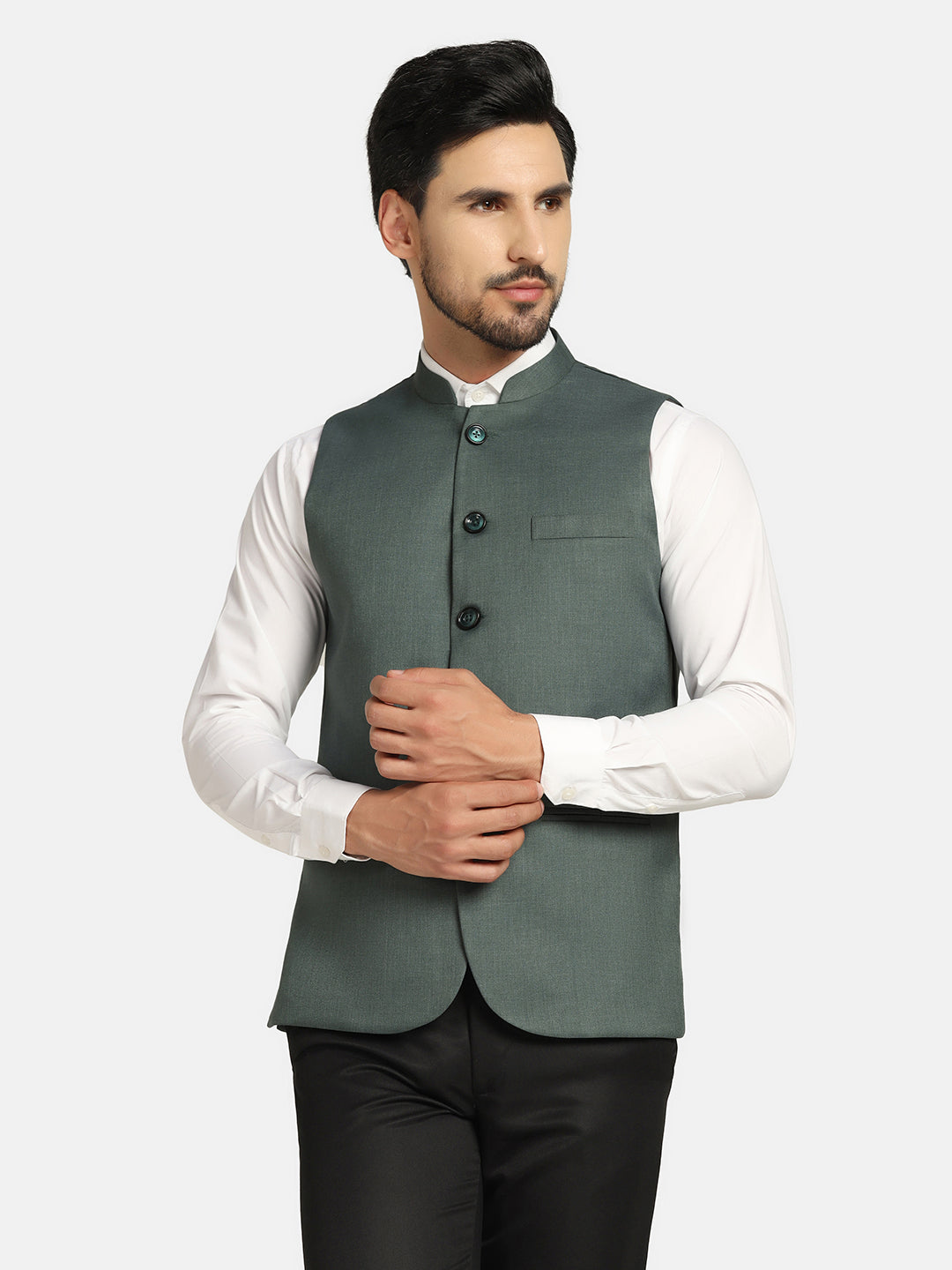 Men Green Solids Nehru Jacket