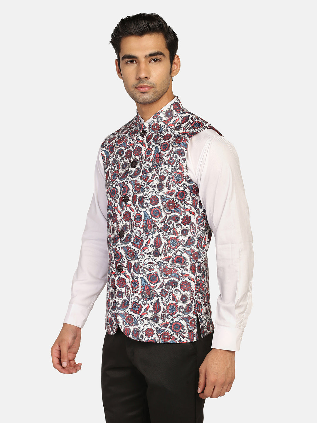Men White Printed Nehru Jacket