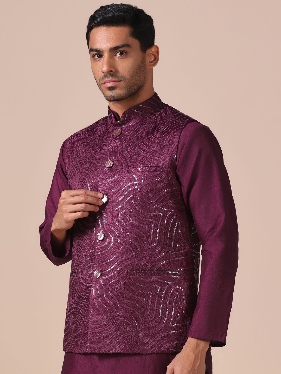 Maroon Wave Pattern Nehru Jacket