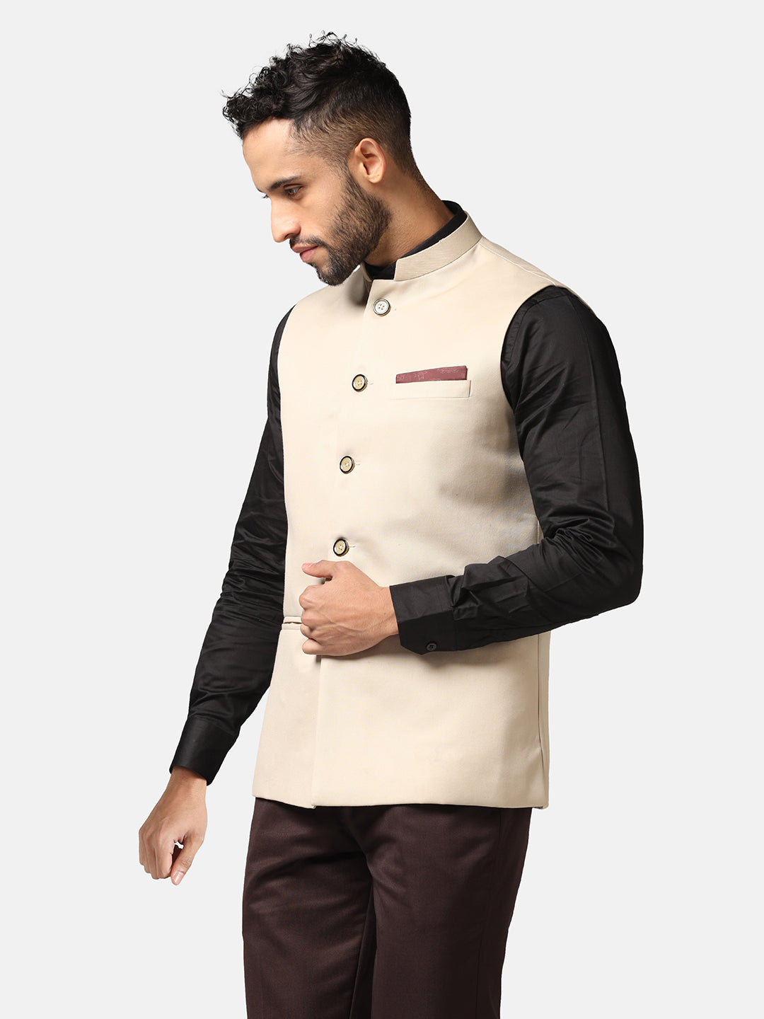 Men Beige Solid Nehru Jacket